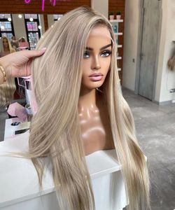 Deal Chinese Cuticle Inriktade enstaka knutar Markera Ash Blonde Färg Silkeslen Straight Wave 13x4 Virgin Hair Lace Front Wigs