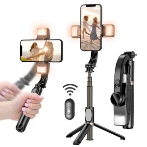 Mikrofonlar İPhone için selfie çubuğu ile gimbal stabilizatör Çift ışıkları döndürebilir, Tripod uzaktan kumandalı taşınabilir el gimble