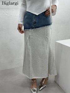 Skirts Spring Denim Patchwork Midi Fishtail Skirt Women Slim Bodycon Fashion Ruffle Pleated Ladies Korean High Waist Woman