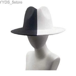 Wide Brim Hats Bucket Black and white womens patch work Fedora hat mens wide wool felt jazz with thin belt buckle Panama triangular yq240407