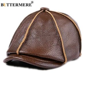 Ball Caps BUTTERMERE Beret Men Genuine Leather Newsboy Hat Earflaps Octagonal Cap Brown Male Brand Winter Warm Vintage Cowhide Leather Cap Q240403