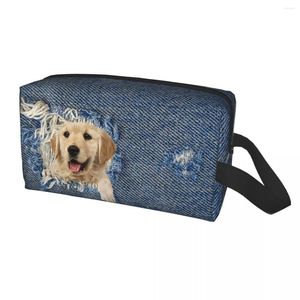 Kosmetiska väskor anpassade gyllene retriever i denim rese väska kvinnor hund makeup toalettartiklar arrangör damer skönhet lagring dopp kit