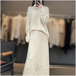 Arbetsklänningar Autumn and Winter Pure Wool Classic Fashion Cresatile Round Neck Plover Kjol Set Large Womens tröja 2024 Drop Delivery Dhnzm