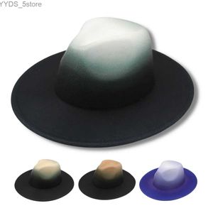 Szerokie brzegowe czapki gradient gradient fedora damski kapelusz jazz moda solidny jesienny męski zima trilby unisex klasyczny brytyjska sukienka wełna YQ240407