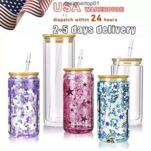 Stanleiness Clear Sublimation Mugs Us Warehouse 12oz 16oz 25oz Tumblers Double Wall Glass Tumbler Glitter Diy Snow Globe Blank kan med bambu lock öljuice G Glor