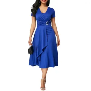 Partykleider Sommer elegante Frauen Feste Farbe kurzärmel gegen Nacken Asymmetrische Saum Taille enge Midi Kleider Damen Abend Vestidos