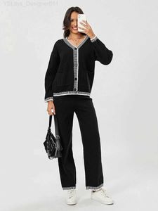 Women's Two Piece Pants Womens knitted sweater set long sleeved buttons open front knitted cardigan and wide leg pants sportswear lounge setC240407