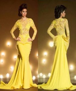 Vestidos de noite de renda da moda com mangas compridas sereia solicitada jóia pura pescoço peplum baile vestido amarelo transparente mesmo 9837689