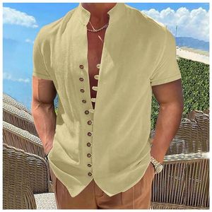 Erkekler Sıradan Gömlekler Erkek Kısa Kollu Stand Küba Gömlek Yaz Konfor Gevşek Üstler Basit Tasarım Düz Renk Yakışıklı Ropa Hombre