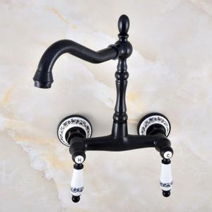 Bathroom Sink Faucets Black Oil Rubbed Brass Wall Mounted Kitchen Basin Swivel Faucet Mixer Tap Double Ceramic Handle Tnf831
