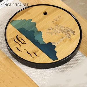 TEA TRAYS Kinesiska bambu Tray Board Dräneringsvatten Lagring Set Table Tillhandahåller hushållsrumsverktyg