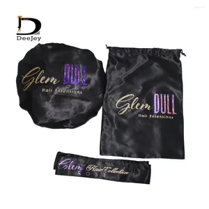 Gift Wrap Custom Glitter LOGO Hair Extension Packaging Sets Human Virgin Bonnets Satin Package Bags Scarf Head Tie