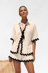 Damen 2 -teilige Outfits Strand Urlaub Sommer kurzärmeligte Hemden und Shorts Lounge Sets 2404052