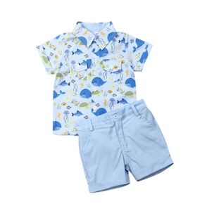 Çocuklar yürümeye başlayan çocuk bebek erkek balina gömlek üst kısım şort pantolon kıyafetler kıyafetler set Sunsuit3532724