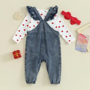 Set di abbigliamento bambina abbigliamento da giorno di San Valentino cestino con maniche lunghe con ricamo orso in denim pantaloni fascia per pantaloni