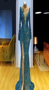 Sparkly Mermaid Evening Dress 2022 Lace Sequin Long Sleeve Prom Gowns Sheer Neckline Beading Formal Dresses Vestidos De Novia9293547