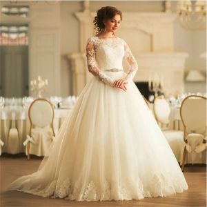 Abiti scollo scottatura tulle romantico Vedi attraverso abiti da sposa arabi Appliques a maniche lunghe perline in pizzo a tela da sposa Vestitidos d Vestidos D