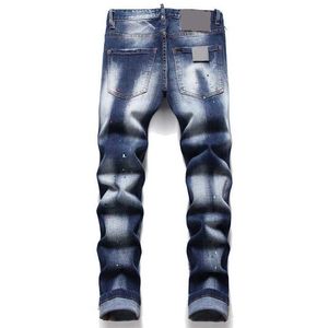Jeans masculinos Novo jeans elásticos ultrafinos de outono e inverno com calças de encaixe de tecido azul de manchas