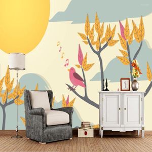 Sfondi alberi da cartone animato uccello bambini uccelli 3d sfondi murale papel de parede soggiorno divano divano parete per bambini