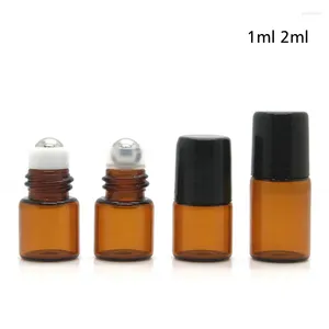 Lagringsflaskor Makeup Amber Roller Ball Essential Oil Perfym 1 ml 2 ml provrulle på glas för resor 100 st/parti