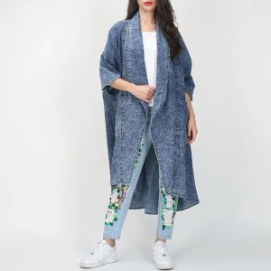 Kvinnor långa rockar 2023 vårens sommar vintage denim trench rockar lapel halv ärm vindtät hög midja damer trench coat kvinnor