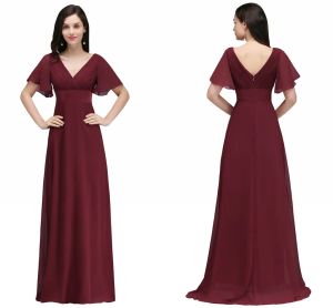 Платья Оптовые цена темно -красные длинные шифоновые вечерние платья v Neck Low Back Flowy Line Вечерние платья с динамиками с рукавами дешевые