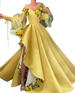 Gul aftonklänning från axeln 3D Flower Dubai delade formella veckade aftonklänningar Långa eleganta arabiska höga låga kvinnor parti 6305408