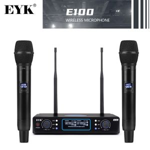 Microfones EYK E100 Frequência fixa UHF Sistema de microfone sem fio com microfones de mão dupla MIC 60m Adequado para sala de aula de festa da família