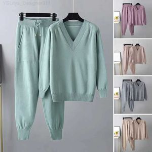 Women's Two Piece Pants 2023 Autumn and Winter Womens V-neck Sweater Two piece Set Fe Knitted Pants SetC240407