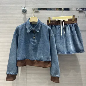 2024 Women's Summer Sweet Denim Två stycken Set Womens Long Sleeve Patchwork Loose Casual Tops and Drawstring Mini Kjol