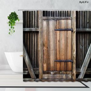 Cortinas de chuveiro Retro Country Country Porta Cortina para banheiro Vintage Bath de tecido de poliéster de madeira marrom com ganchos