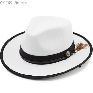 Waste Brim Hats Buckt Feather Band White Felt Jazz Fedora Hat Womens Unisex Panama Party Trilby Cowboy Mens Gentleman Wedding YQ240407