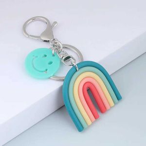 Keychains Lanyards New Lovely Handmade Rainbow Keychain Smile Face Key Ring For Women Handbag Accessorie Car Hanging Summer Jewelry Gifts Q240403