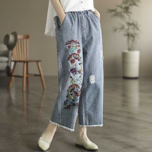 Guka -Kleidung Sommer Neue Kunst bestickt Plüschkante Jeans Damen gerade Rohrhosen Lose großer Slimming neun Viertel