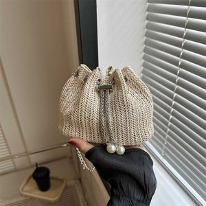 Evening Beach Bags Unique Design Solid Color Drawstring Bucket Bag Summer Fashionable Grass Woven Western Style Chain Crossbody