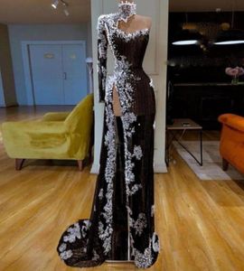 Dubai African High Neck Black Evening Dresses With Beads Pearls Appliques Lace Sexy Side Split Prom Dress Long robe de soiree Part6836866