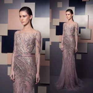 Ziad Nakad Goggeous Evening Dresses Bateau Neck Lace Aptliques Beads Speecins Illusion Long Sleeve Prom Gownsシースフォーマルパーティードレス