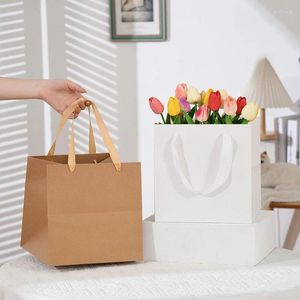 Gift Wrap 12pcs White Square Paper Bags With Handle Kraft Bag For Cake Flower Packaging Large Bouquet