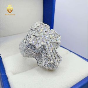 Designer Hip Hop Blingdiam Jewelry hip hop 925 sterling sliver Cross Ring D color Baguette VVS moissanite ring