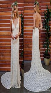 Sexy Spaghetti Neck Full Lace Wedding Dresses Backless Sleeveless 2018 Bridal Gowns Long Sweep Train Bohemian Wedding Dress7280443