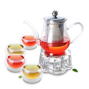 Teaware Sets Novelty Glass Pot W/ Stainless Steel Filter & Warmer 4PC Small Mugs Set