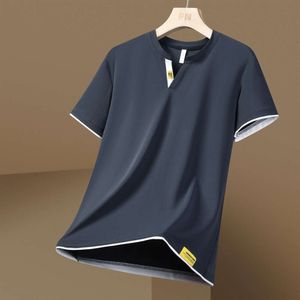 Högkvalitativ is Silk V-Neck Summer Ny Short Sleeved Men's Nylon Elastic Loose Casual Business Light Mature Casual T-shirt för män