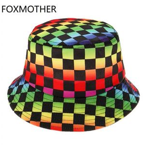 Breda brimhattar Bucket Foxmother New Punk Bob Panama Cassette Gorras Caps Rainbow Multi Color Checkered Womens Hat Mens Hip Hop Gorro Q240403