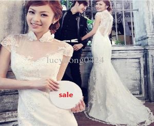 Elegant Red Lace Sheath Column High Neck Short Sleeve Cheongsam Wedding Dresses Bridal Gowns Dress Cheongsam Mermaid Wedding Dres9210148