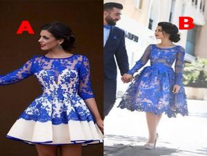 Cocktailklänningar 2019 Short Prom Dress Homecoming Party -klänningar med sexig Sheer Neck A Line Juvel långärmad Royal Blue Lace Tulle 9948179