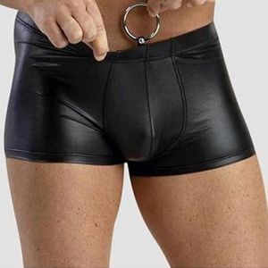Underbyxor grossist mode män svart patent läder mantel byxor sexig våtlook boxer shorts cool punk manlig konvex påse underkläder