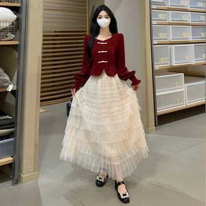 Zweiteiliger Kleid elegante zweiteilige Set für Frauen chinesisches Knopf und plissierter Kuchenhaut großgröße Herbst Casom Black Rot SetC240407