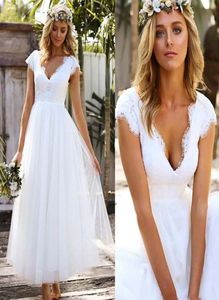 Tea Length Vneck Wedding Dresses With Short Sleeve Lace Tulle Country Wedding Dress Bridal Party Dress For Guest Custom Made1288376