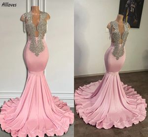 Luxury Rhinestones Beading Pink Mermaid Evening Dresses Arabic Aso Ebi Sheer Neck Tassels Prom Party Gowns Slim and Flare Women Second Reception Formal Dress CL3463