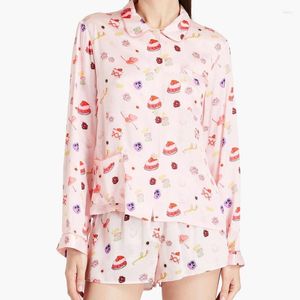 Home Clothing Women 2 Piece Pajama Set Dessert Print Long Sleeves Button Blouse Shirt And Elastic Shorts Loungewear Soft Comfy Sleepwear